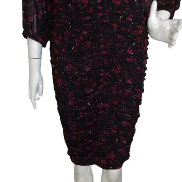 new TORRID Dress, 0/L, Black, Red/Purple Floral, Ruched Skirt, Scoop neck, Meshy - Picture 5 of 16